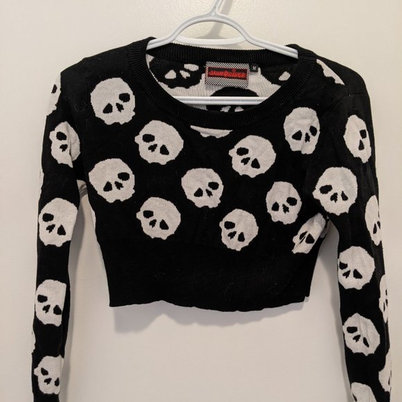 Jawbreaker Skull Pattern Crop top long sleeve knit sweatshirt - Picture 2 of 3